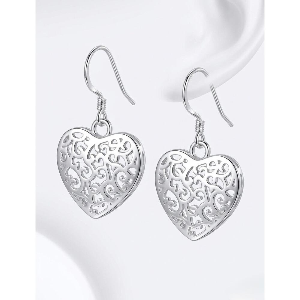 925 Stamped Silver Filigree Heart Dangle Earrings High Shine - Picture 3 of 3
